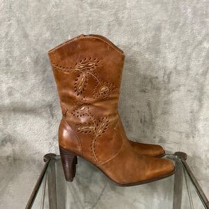 Matesse Western Boots Women's 7M Brown Leather Pointed Toe Block Heel side zip